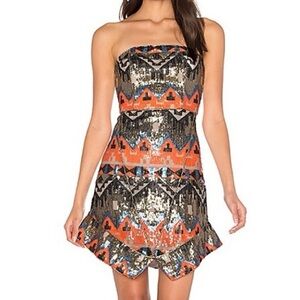 Strapless Mini Dress Sequin Orange Pit to Pit 16” Size S